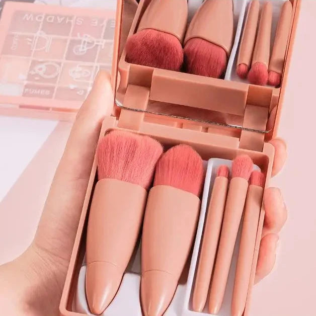 Mini Espelho De Maquiagem Portátil Com 5 Pcs Pincéis